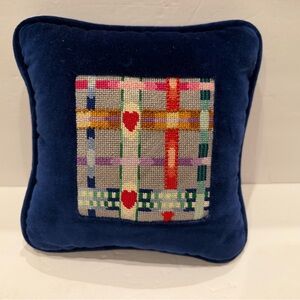 Vintage Small Pillow Needlepoint Abstract Hearts Pillow 7” Blue Velvet